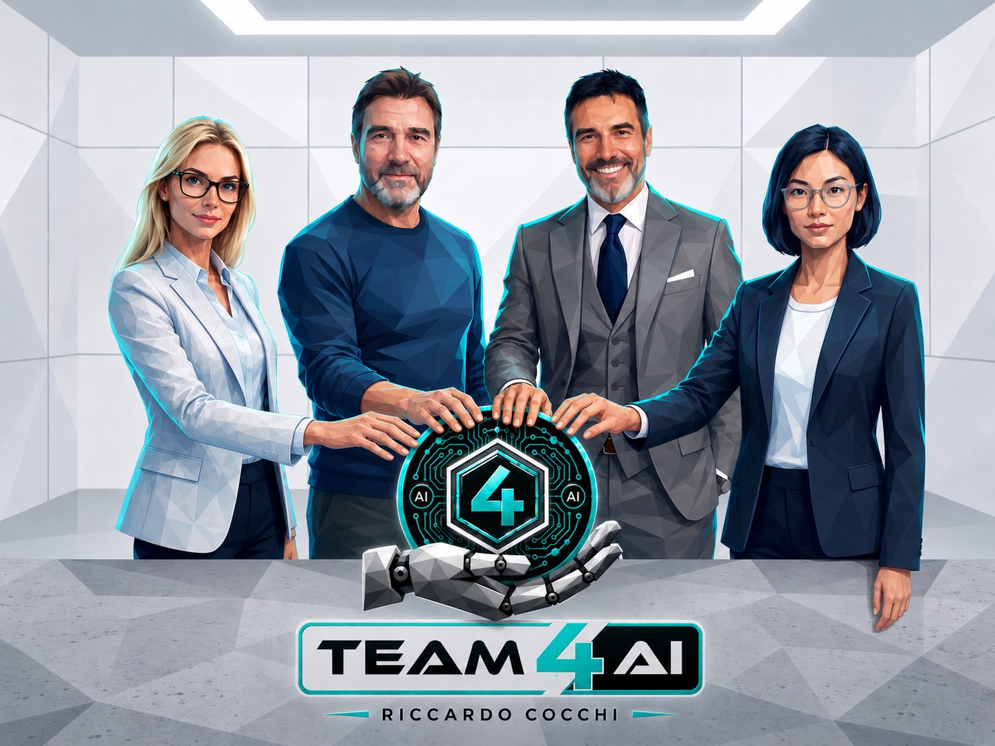 TEAM4AI - Sara, Marco, Ares, Melody attorno al logo TEAM4AI